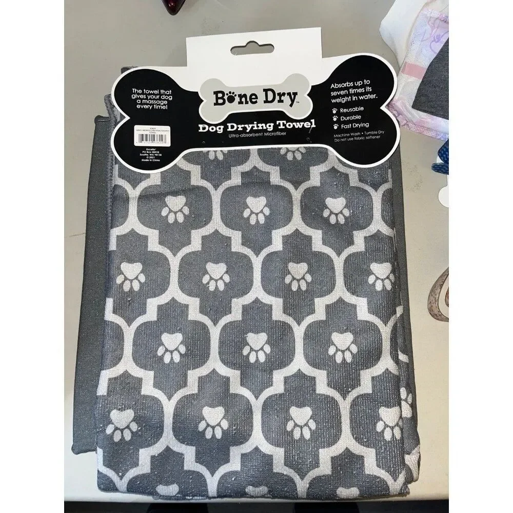 Excello Bone Dry Microfiber Dog Drying Towel - Grey Moroccan Print Pawprints